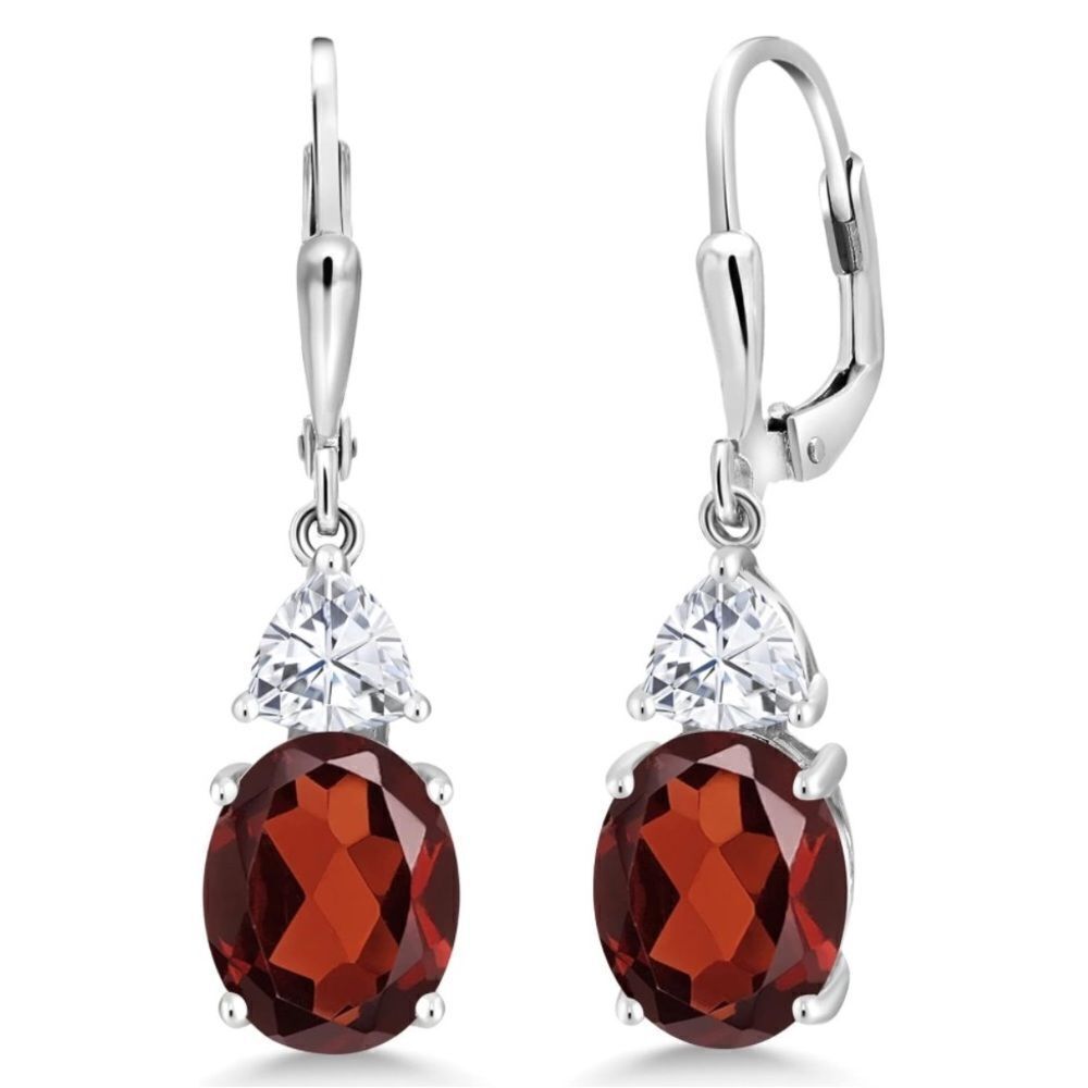 925 Sterling Silver with 6.54 Cttw Red Garnet and White Moissanite Drop Earrings